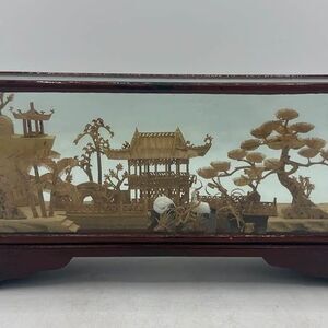 Chinese Cork Carving Diorama Crane Trees Asian Buildings